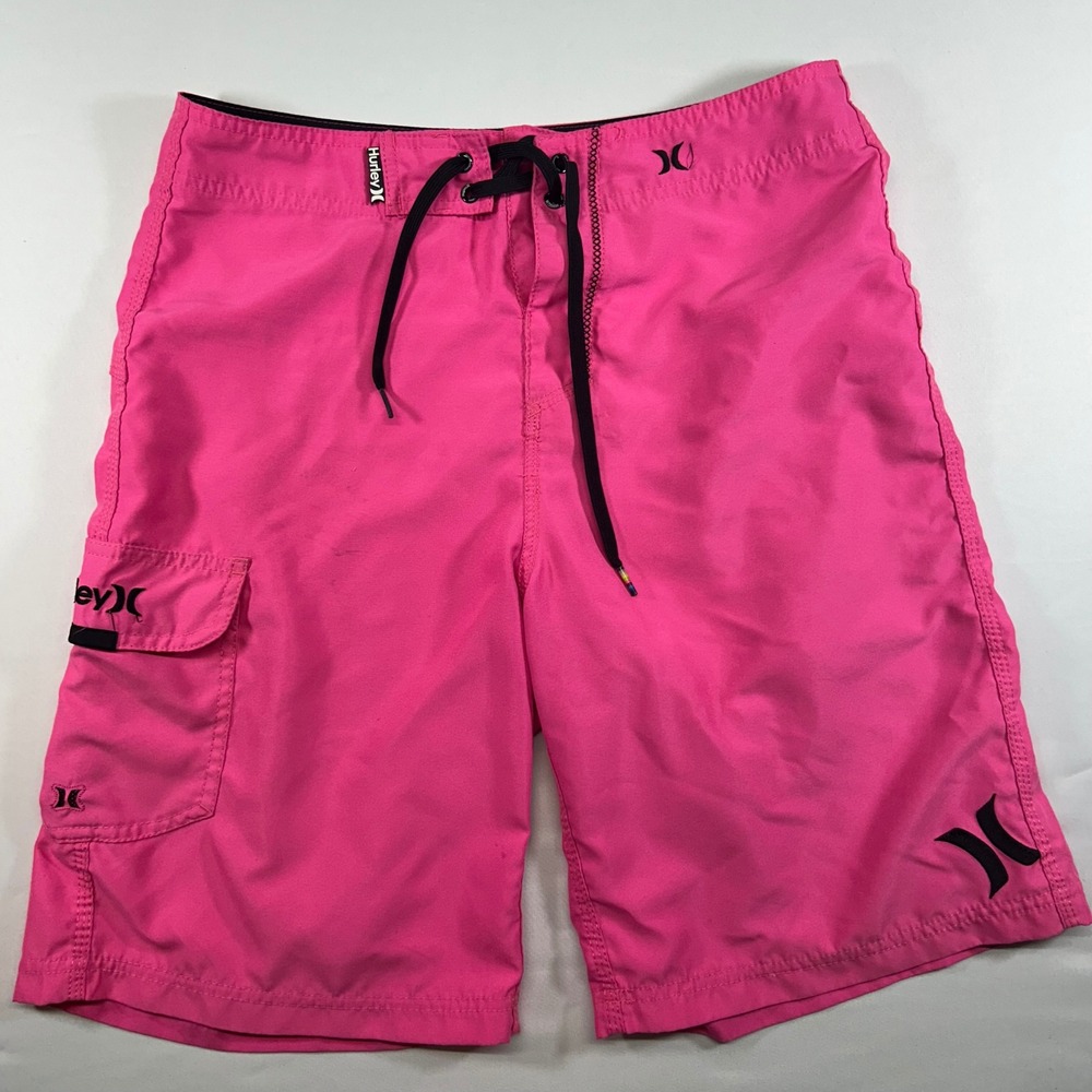 Hurley Men Board Shorts Pink Cargo Pocket Swim Trunks Drawstring Waist
